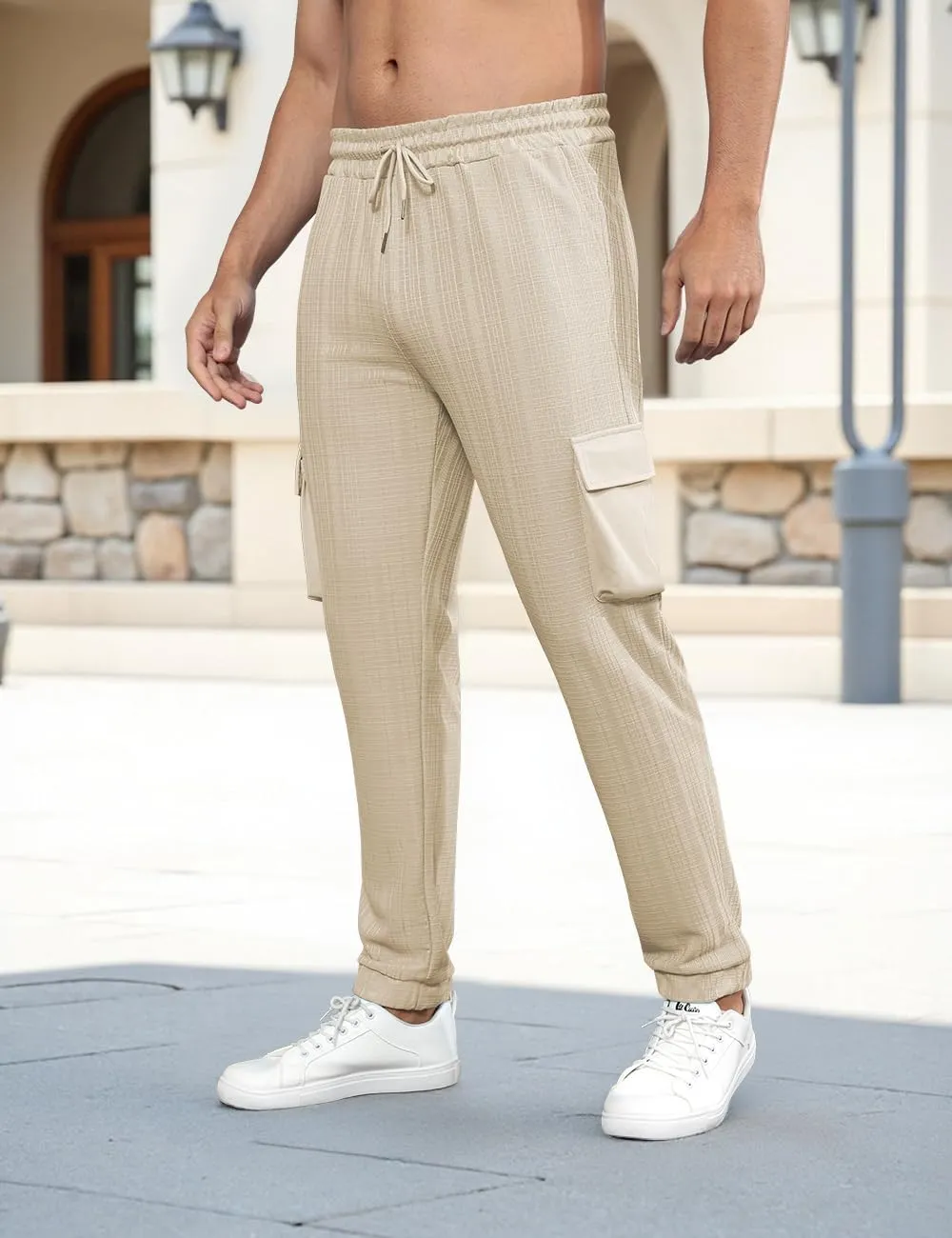Men's Casual Cargo Jogger Pants with Elastic Waistband and Drawstring Sports Pants with Pockets