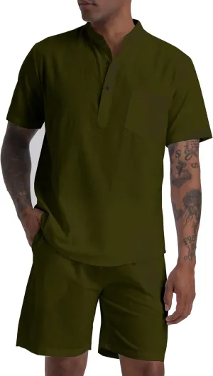 Men's Cotton Linen Set Henley Shirts Shorts outfits 2 Piece Beach Clothes Vacation Matching Suit Summer Wear