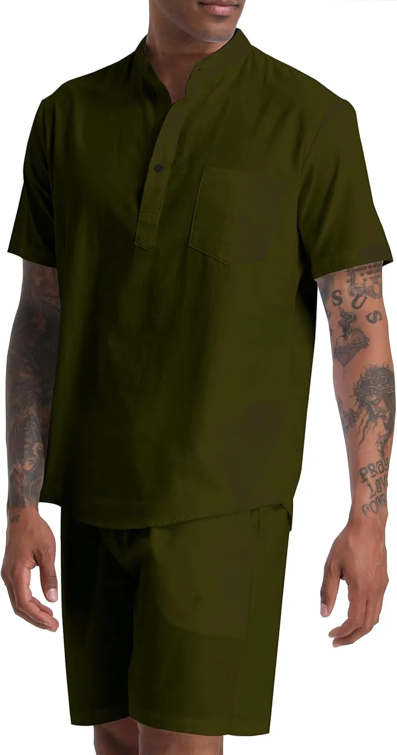Men's Cotton Linen Set Henley Shirts Shorts outfits 2 Piece Beach Clothes Vacation Matching Suit Summer Wear