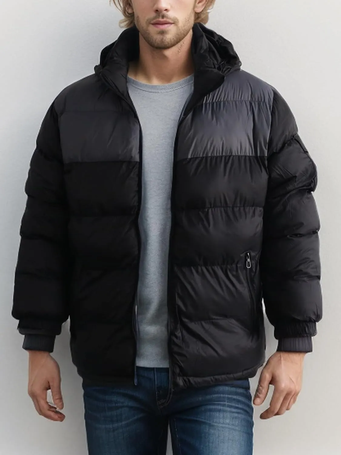 Men's Hooded Puffer Jacket Winter Coat Warm Thickened Zip Up Quilted Padded Jackets with Pockets