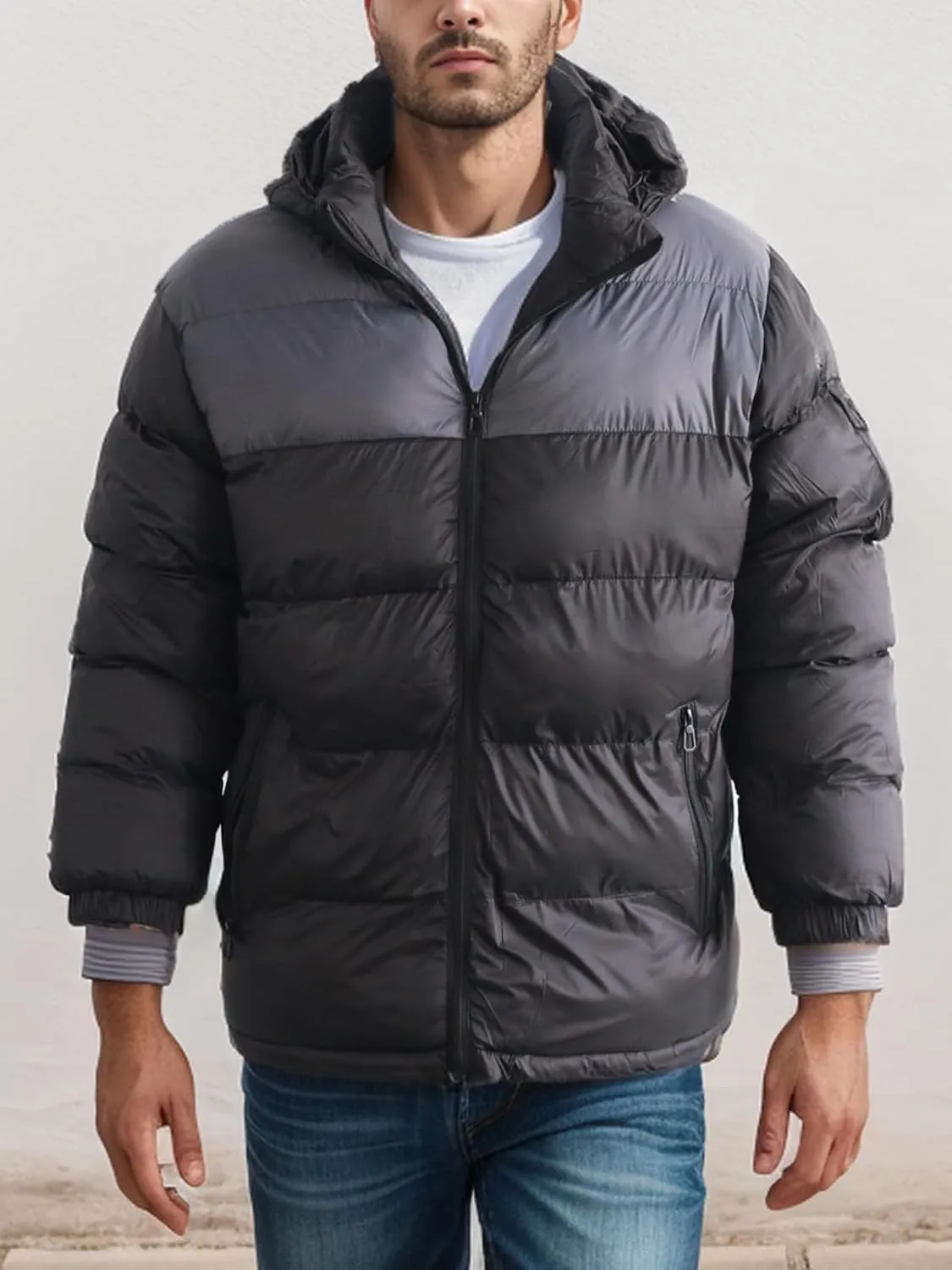 Men's Hooded Puffer Jacket Winter Coat Warm Thickened Zip Up Quilted Padded Jackets with Pockets