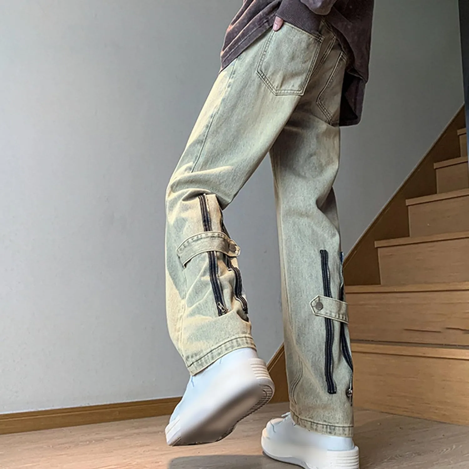 Men's Relaxed Fit Leg Zipper Jeans Casual Hip Hop Denim Jeans Casual Wide Leg Multi-Pocket Jean
