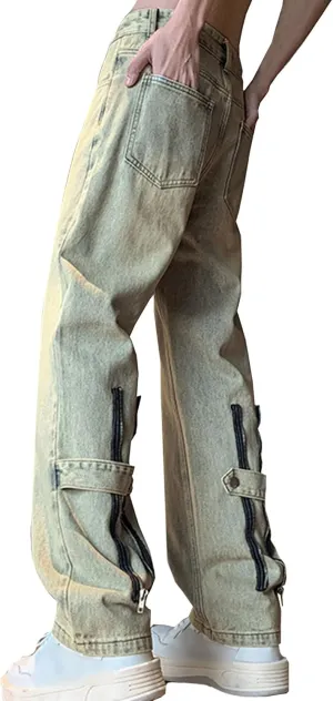 Men's Relaxed Fit Leg Zipper Jeans Casual Hip Hop Denim Jeans Casual Wide Leg Multi-Pocket Jean