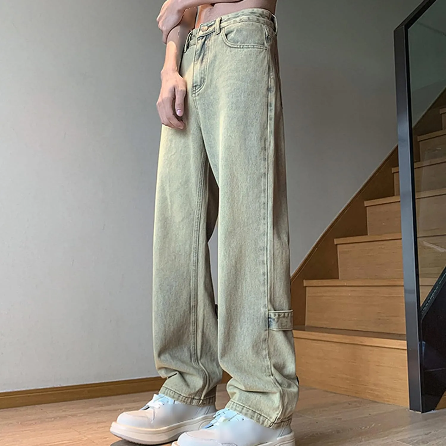 Men's Relaxed Fit Leg Zipper Jeans Casual Hip Hop Denim Jeans Casual Wide Leg Multi-Pocket Jean