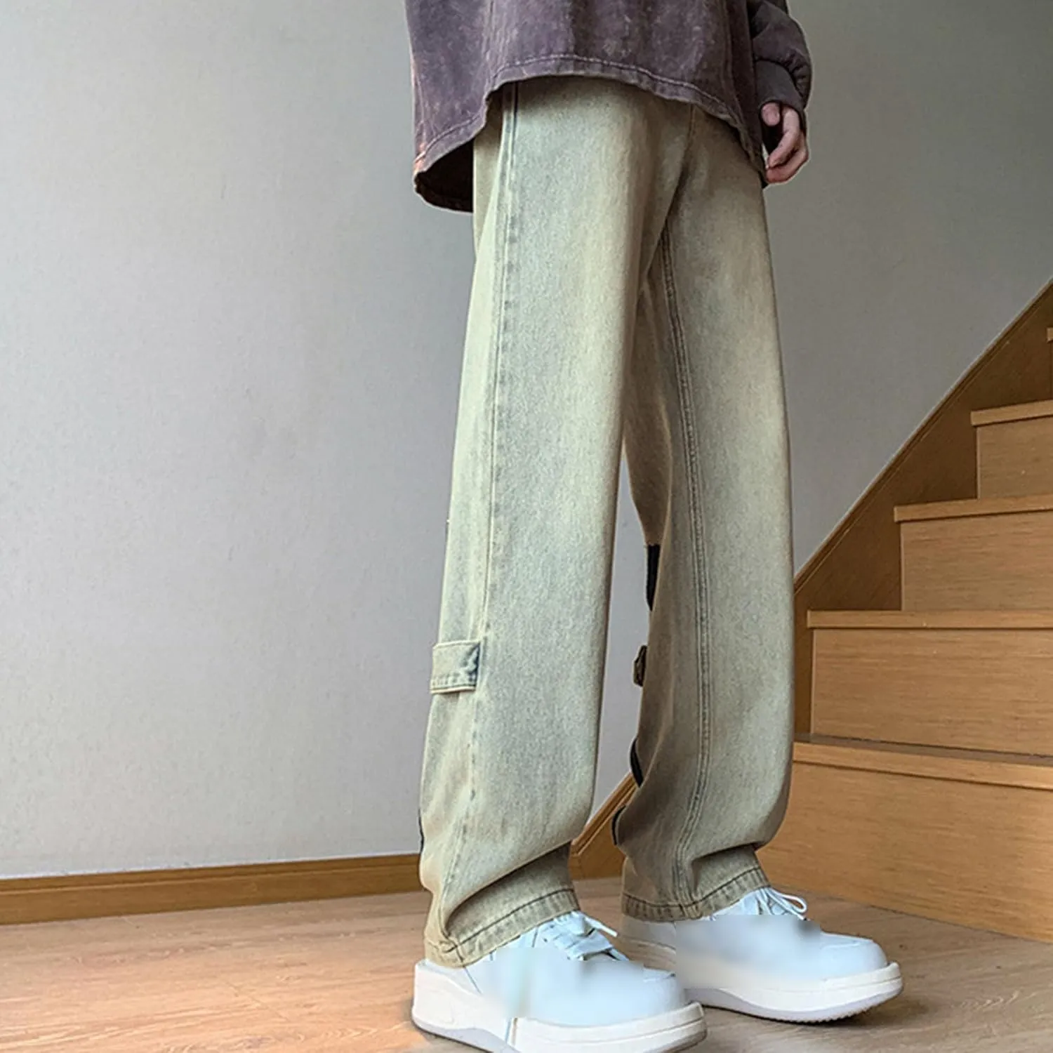 Men's Relaxed Fit Leg Zipper Jeans Casual Hip Hop Denim Jeans Casual Wide Leg Multi-Pocket Jean