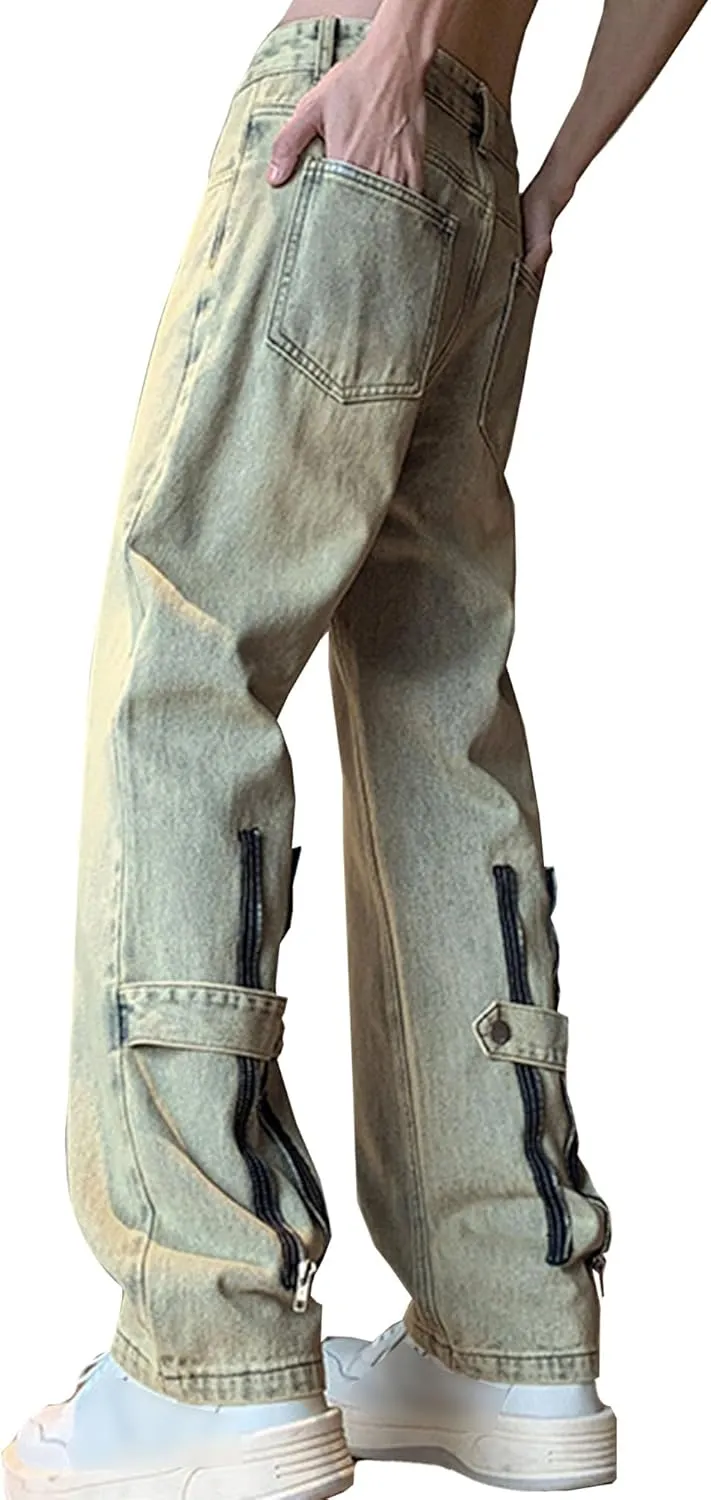 Men's Relaxed Fit Leg Zipper Jeans Casual Hip Hop Denim Jeans Casual Wide Leg Multi-Pocket Jean