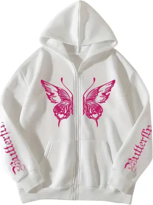 Milumia Women Butterfly Print Zip Up Long Sleeve Hoodie Jackets with Pockets