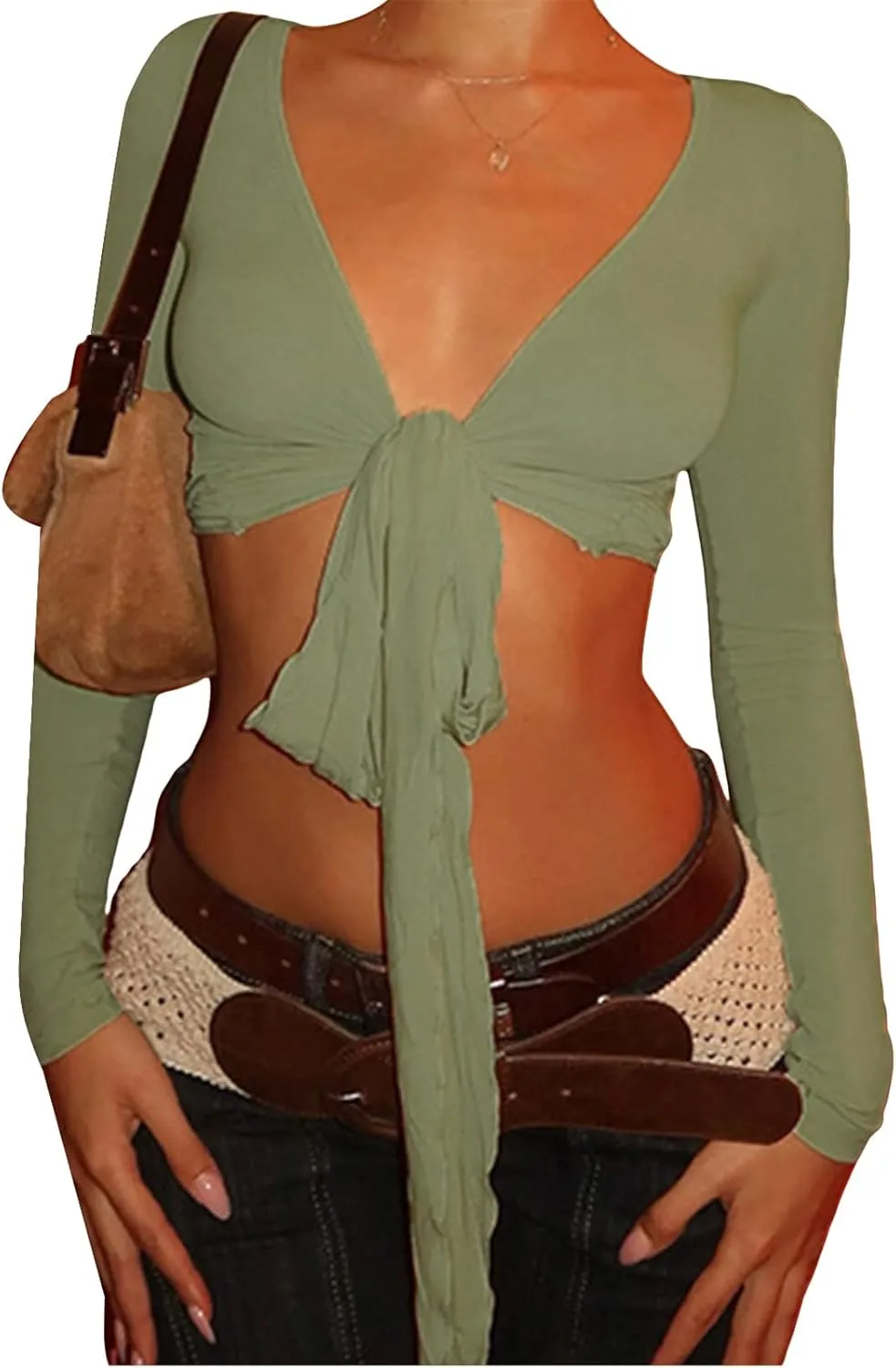 Miqil Women Wrap Yoga Shirts Y2K Slim Fit Front Tie V Neck Low Cut Long Sleeve Shirt Sexy Workout Fitness Casual Outfits