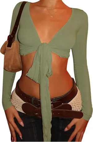 Miqil Women Wrap Yoga Shirts Y2K Slim Fit Front Tie V Neck Low Cut Long Sleeve Shirt Sexy Workout Fitness Casual Outfits