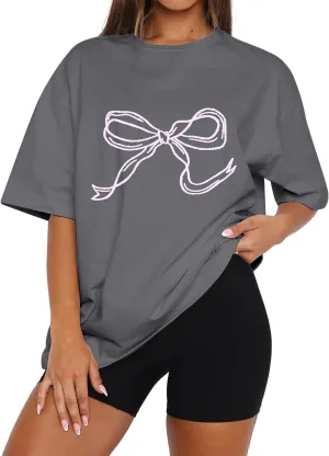 MISSACTIVER Women’s Oversized Bow Graphic T-Shirt Drop Shoulder Short Sleeve Graphics Tee Shirt Casual Outfit Going Out Top
