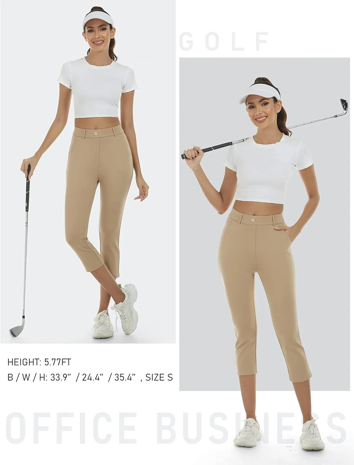 MoFiz Women's Golf Capri Pants Stretch Slim Business Casual Pants Straight Leg Yoga Dress Pants with Pockets Office Slacks