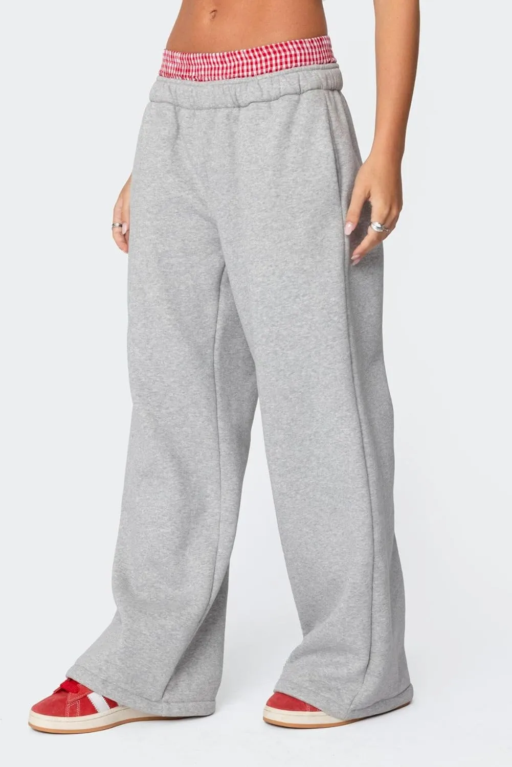 NUFIWI Gingham Boxer Detail Sweatpants for Women Elastic Waist Baggy Flared Pants Straight Leg Casual Going Out Trousers