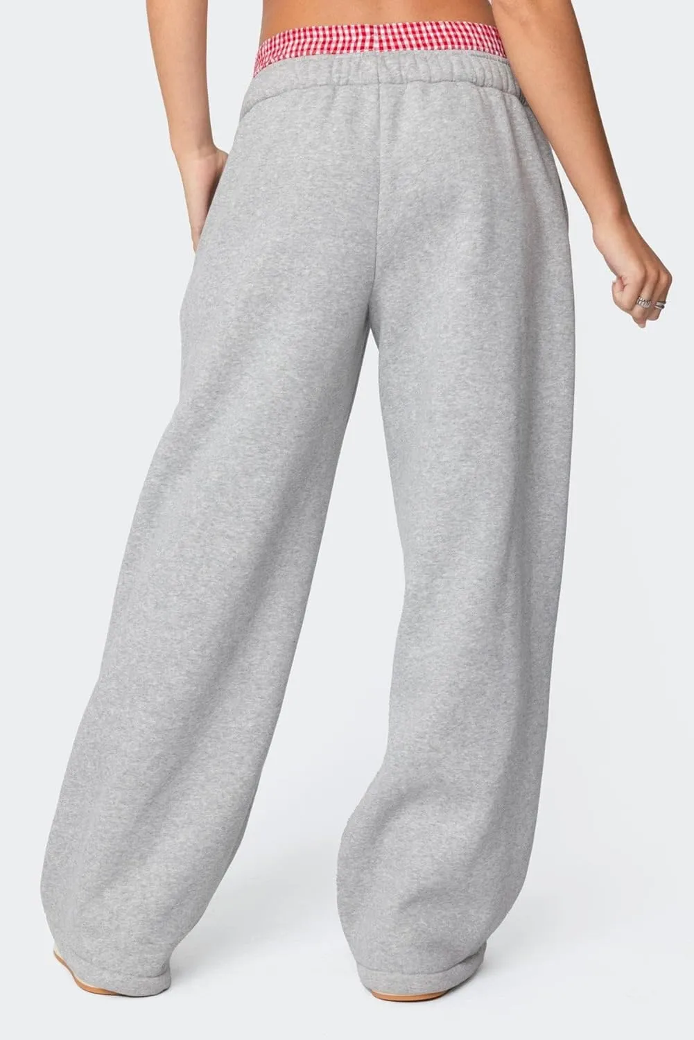 NUFIWI Gingham Boxer Detail Sweatpants for Women Elastic Waist Baggy Flared Pants Straight Leg Casual Going Out Trousers