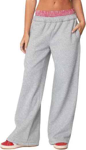 NUFIWI Gingham Boxer Detail Sweatpants for Women Elastic Waist Baggy Flared Pants Straight Leg Casual Going Out Trousers