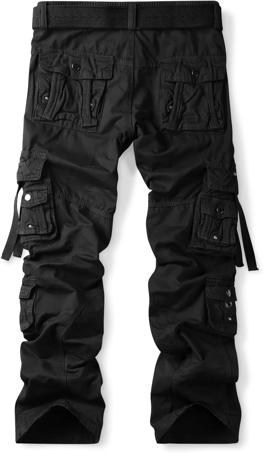 OCHENTA Men's Cotton Casual Baggy Cargo Work Travel Pants with Multi Pockets Relaxed Loose Fit (No Belt)