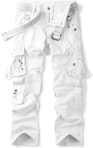 OCHENTA Men's Cotton Casual Baggy Cargo Work Travel Pants with Multi Pockets Relaxed Loose Fit (No Belt)