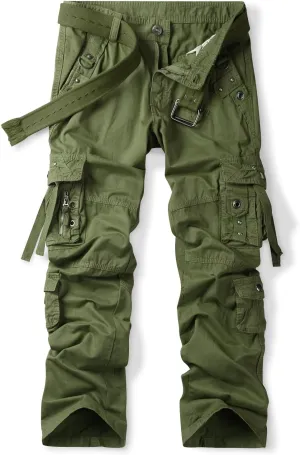 OCHENTA Men's Cotton Casual Baggy Cargo Work Travel Pants with Multi Pockets Relaxed Loose Fit (No Belt)