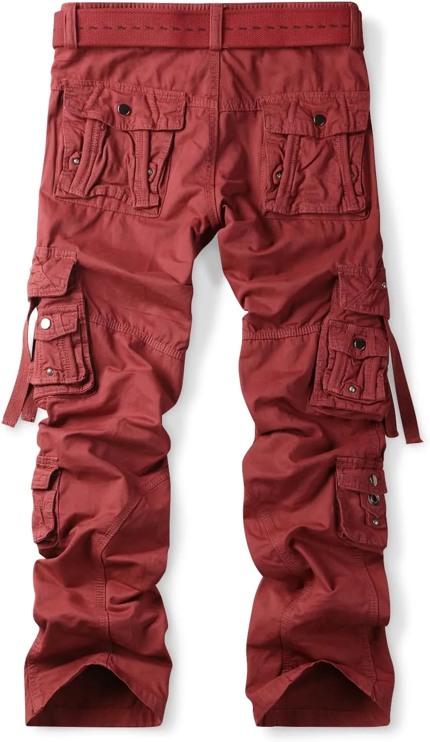 OCHENTA Men's Cotton Casual Baggy Cargo Work Travel Pants with Multi Pockets Relaxed Loose Fit (No Belt)