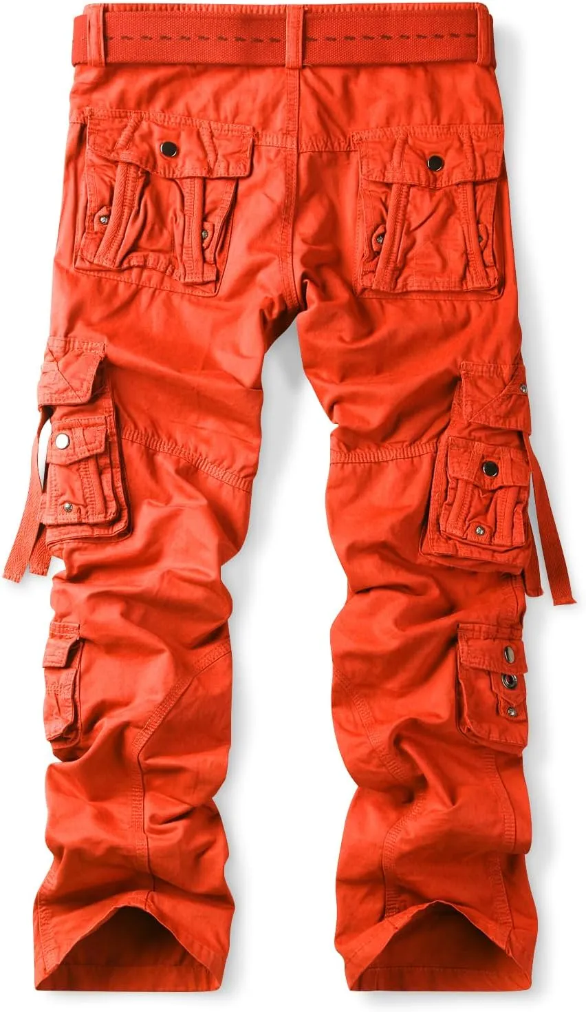 OCHENTA Men's Cotton Casual Baggy Cargo Work Travel Pants with Multi Pockets Relaxed Loose Fit (No Belt)