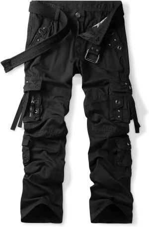 OCHENTA Men's Cotton Casual Baggy Cargo Work Travel Pants with Multi Pockets Relaxed Loose Fit (No Belt)