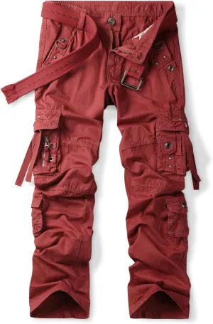 OCHENTA Men's Cotton Casual Baggy Cargo Work Travel Pants with Multi Pockets Relaxed Loose Fit (No Belt)