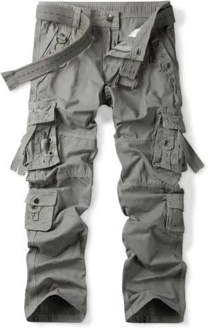 OCHENTA Men's Cotton Casual Baggy Cargo Work Travel Pants with Multi Pockets Relaxed Loose Fit (No Belt)