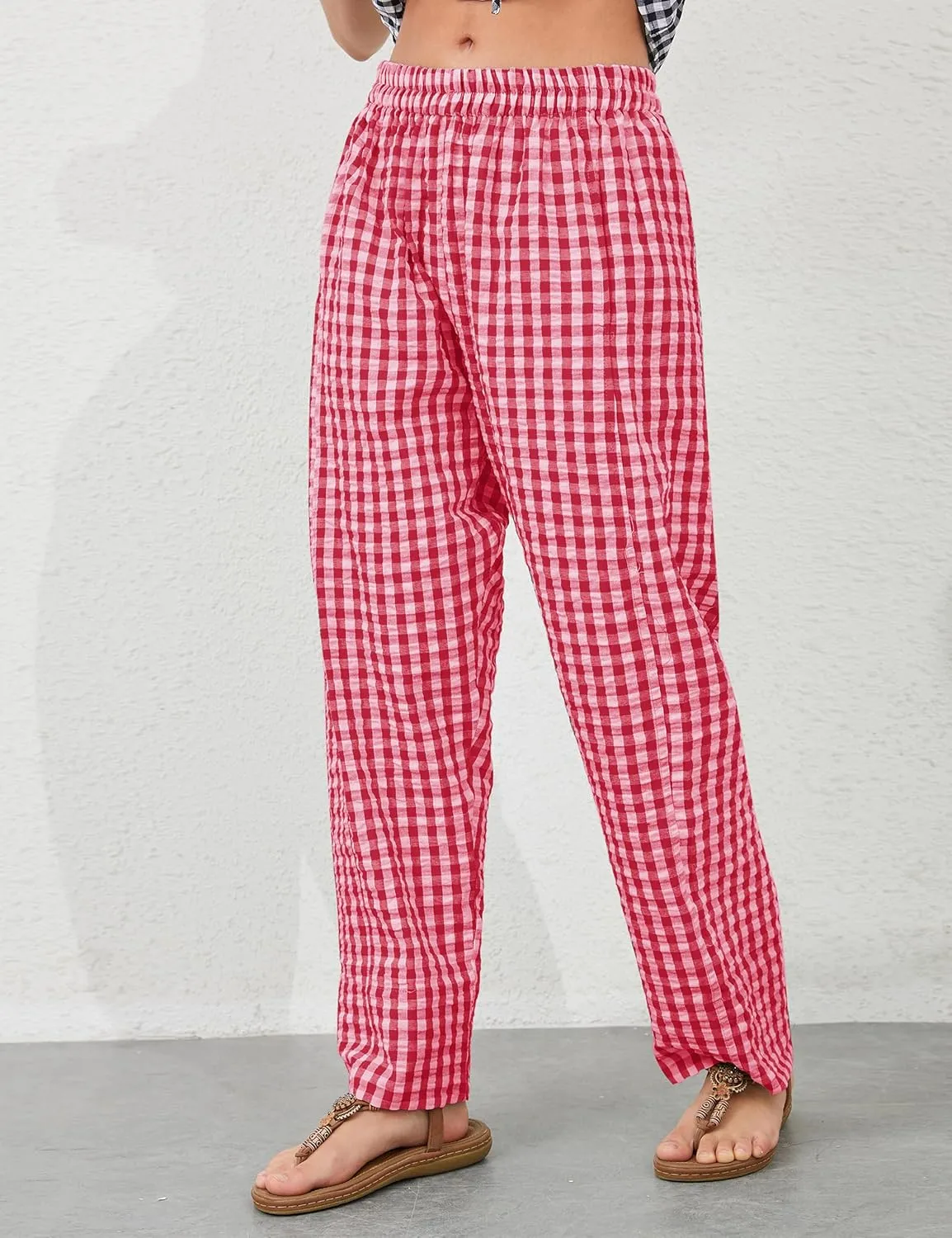 OLAPTA Women Plaid Print Gingham Comfy Lounge Pants Wide Leg Mid Rise Elastic Waist Loose Casual Long Trousers with Pockets
