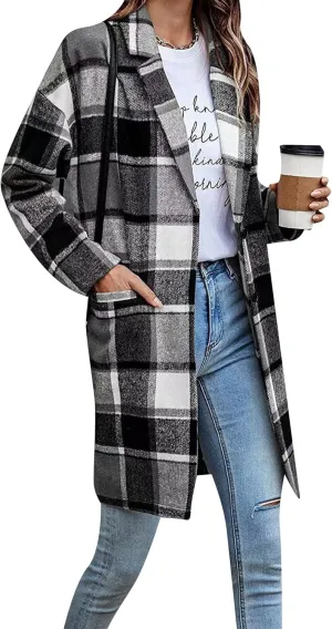 OMZIN Women's Casual Button Wool Blend Winter Tartan Trench Coat Plaid Baggy Jacket with Pockets