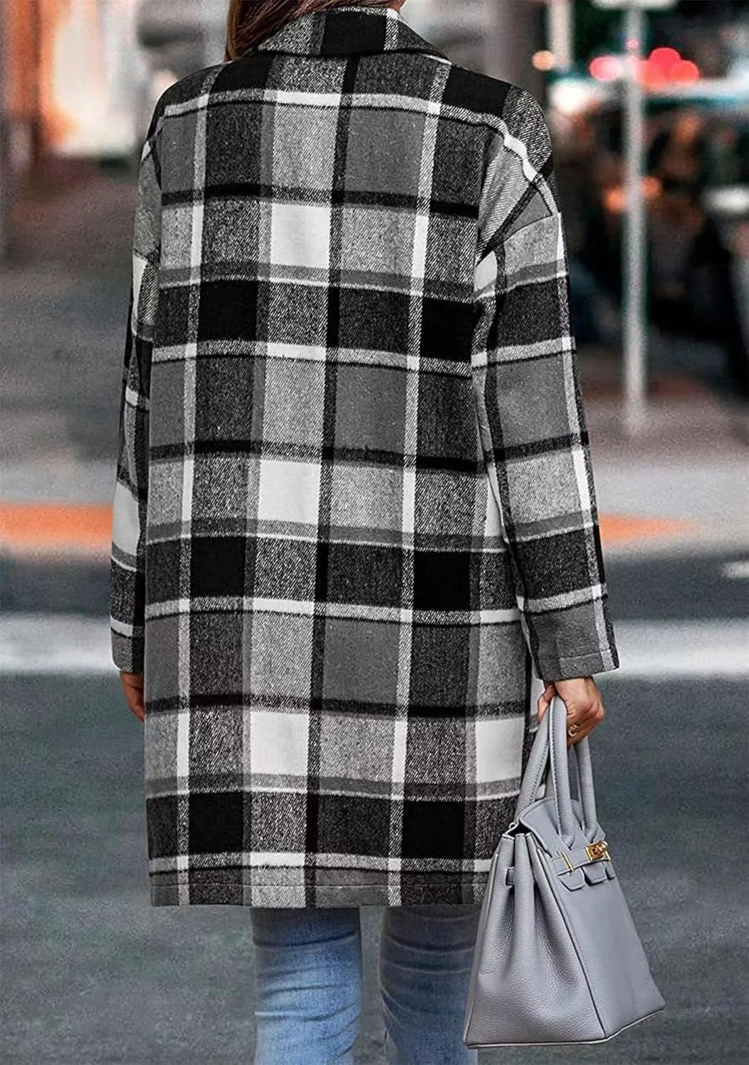OMZIN Women's Casual Button Wool Blend Winter Tartan Trench Coat Plaid Baggy Jacket with Pockets