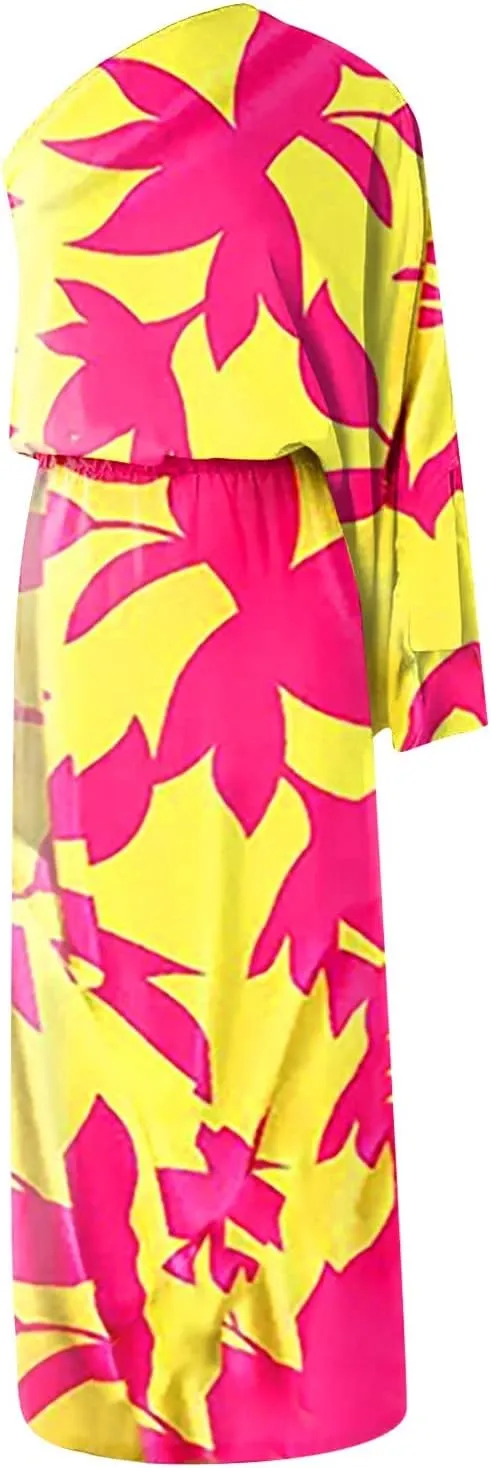 One Shoulder Dresses for Women,2024 Spring Summer Casual Batwing Sleeve Cocktail Dress,Vintage Graphic Party Dress