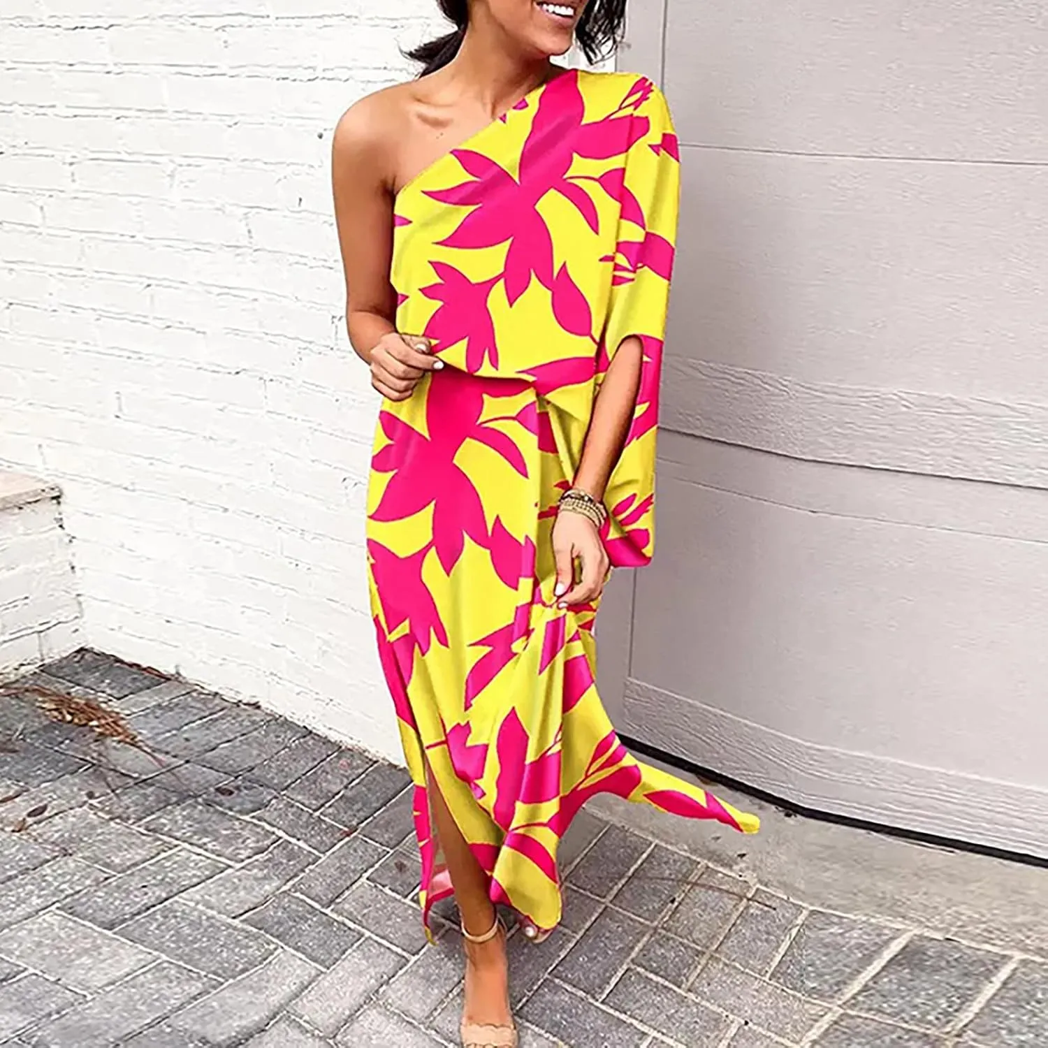 One Shoulder Dresses for Women,2024 Spring Summer Casual Batwing Sleeve Cocktail Dress,Vintage Graphic Party Dress