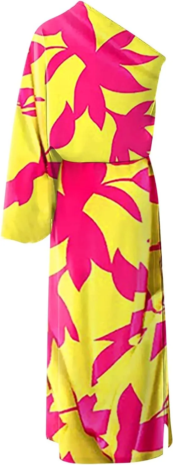 One Shoulder Dresses for Women,2024 Spring Summer Casual Batwing Sleeve Cocktail Dress,Vintage Graphic Party Dress