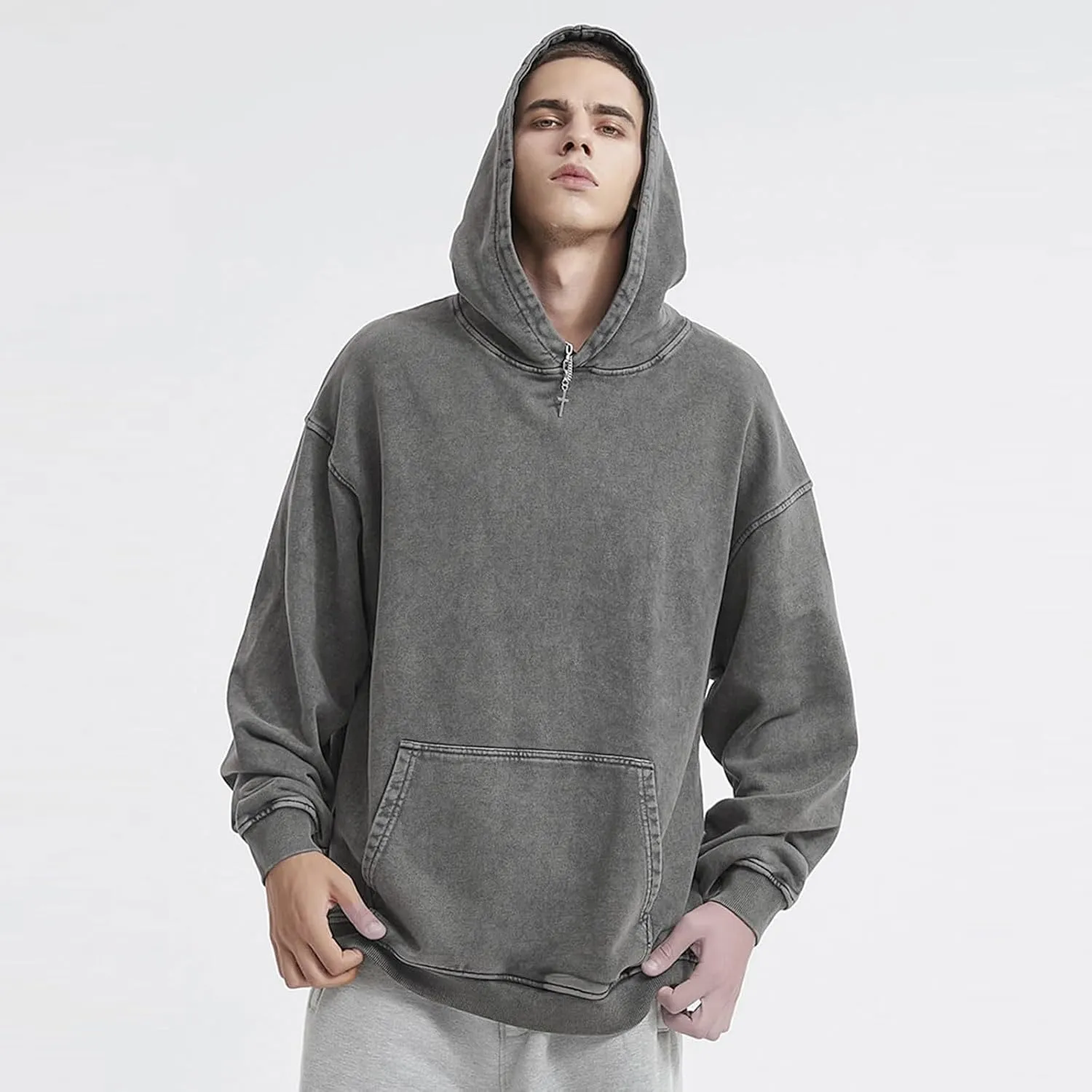 Oversized Acid Wash Vintage Hoodie Men Cotton Heavyweight Baggy Trendy Streetwear Hooded Sweatshirt Basic Pullover