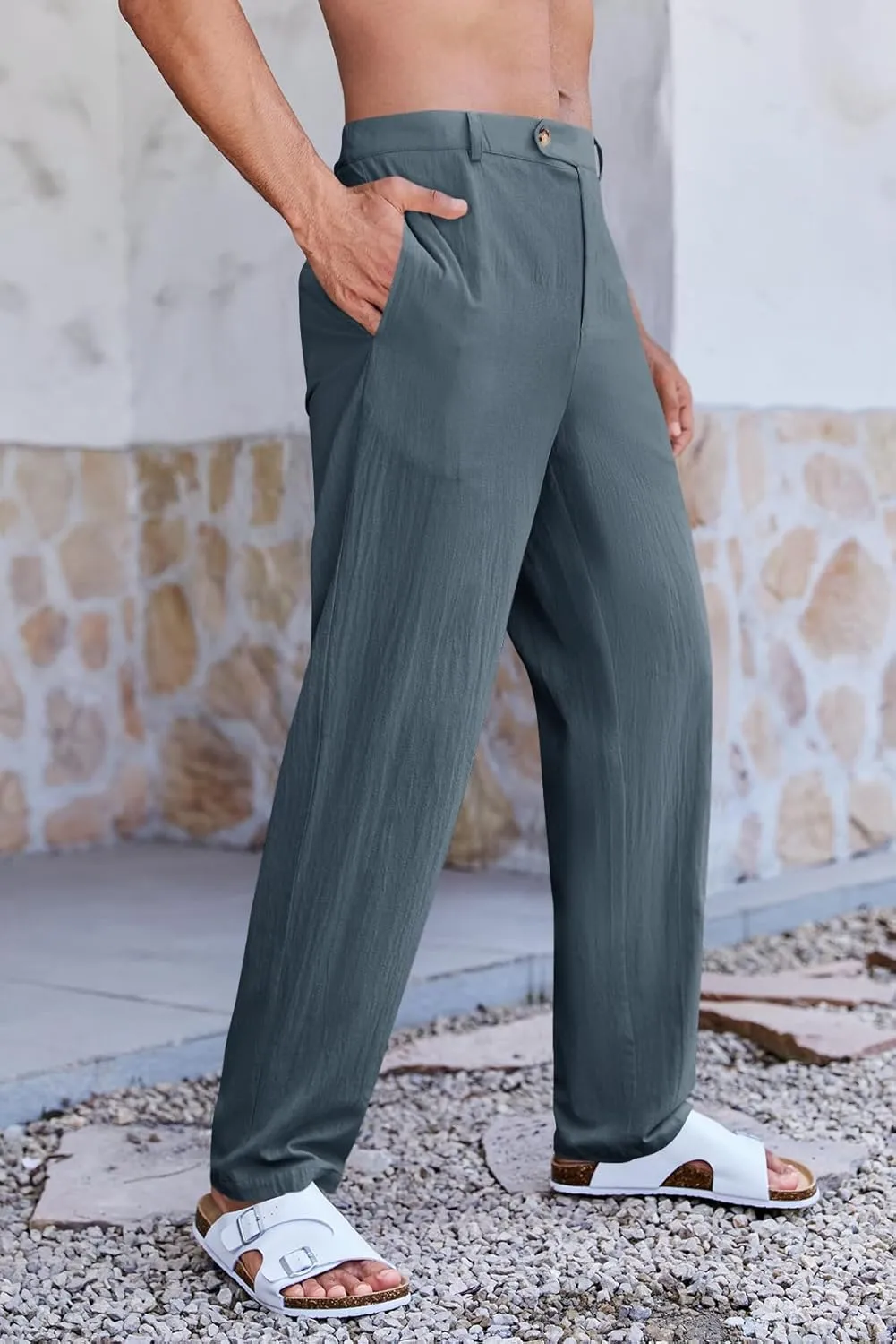 PASLTER Mens Cotton Linen Loose Pant Casual Lightweight Flat-Front Trouser Yoga Beach Pants for Men
