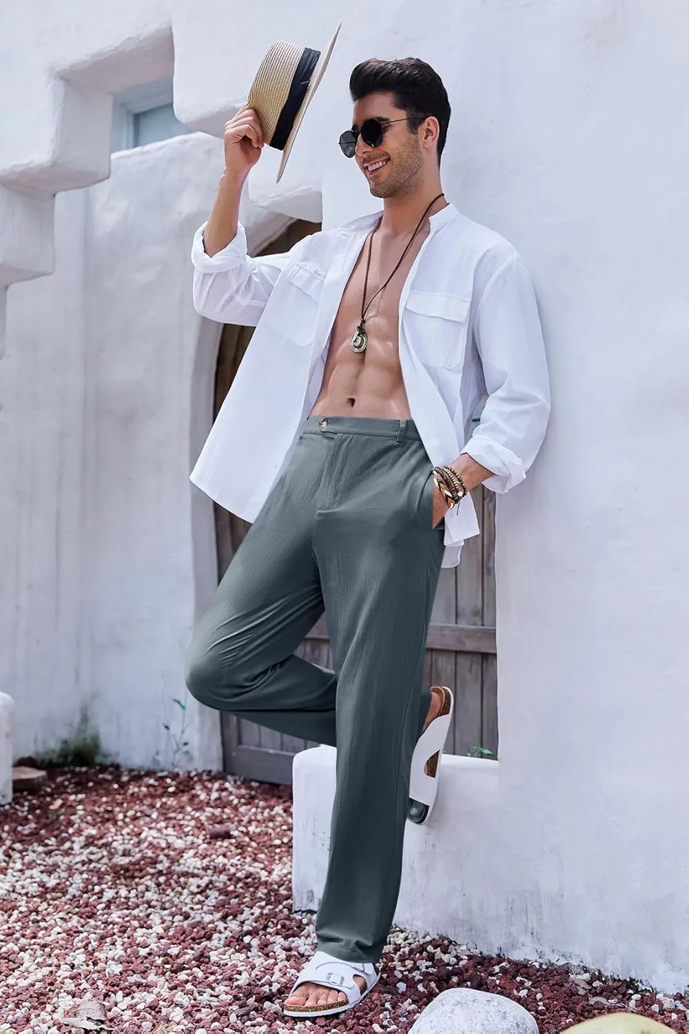 PASLTER Mens Cotton Linen Loose Pant Casual Lightweight Flat-Front Trouser Yoga Beach Pants for Men