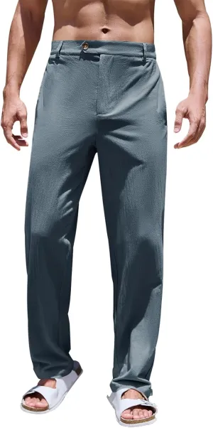 PASLTER Mens Cotton Linen Loose Pant Casual Lightweight Flat-Front Trouser Yoga Beach Pants for Men