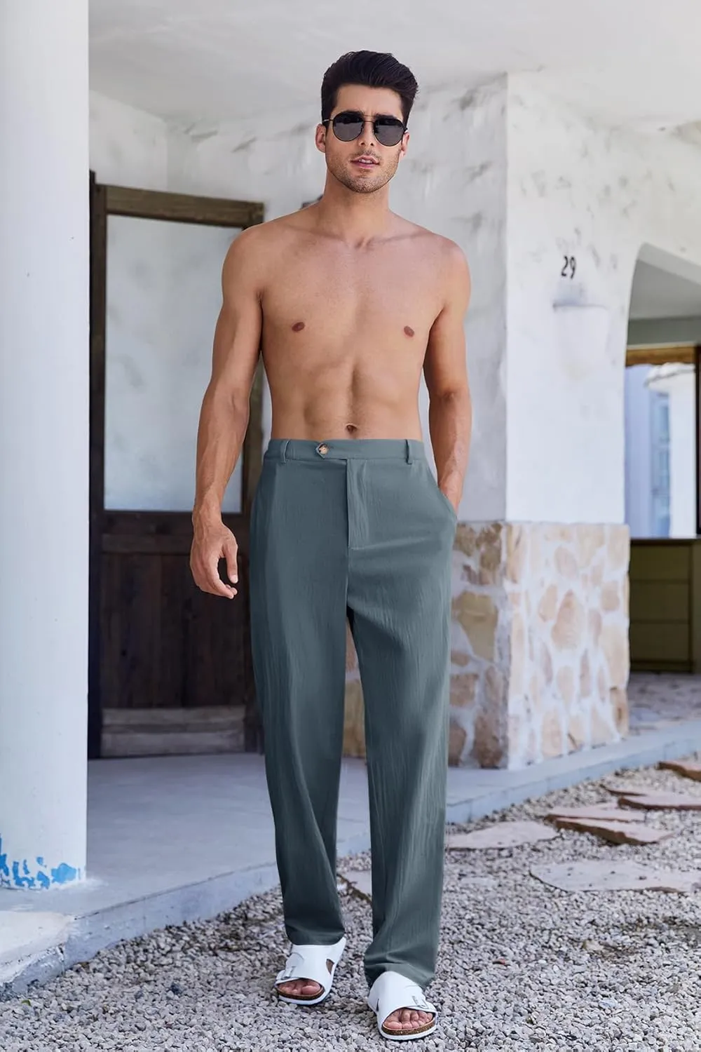 PASLTER Mens Cotton Linen Loose Pant Casual Lightweight Flat-Front Trouser Yoga Beach Pants for Men