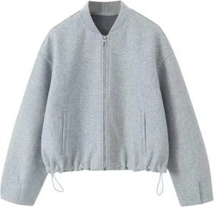 Perbai Women's Casual Oversized Wool Blend Bomber Jacket Zip Up Long Sleeve Varsity Coat with Pockets