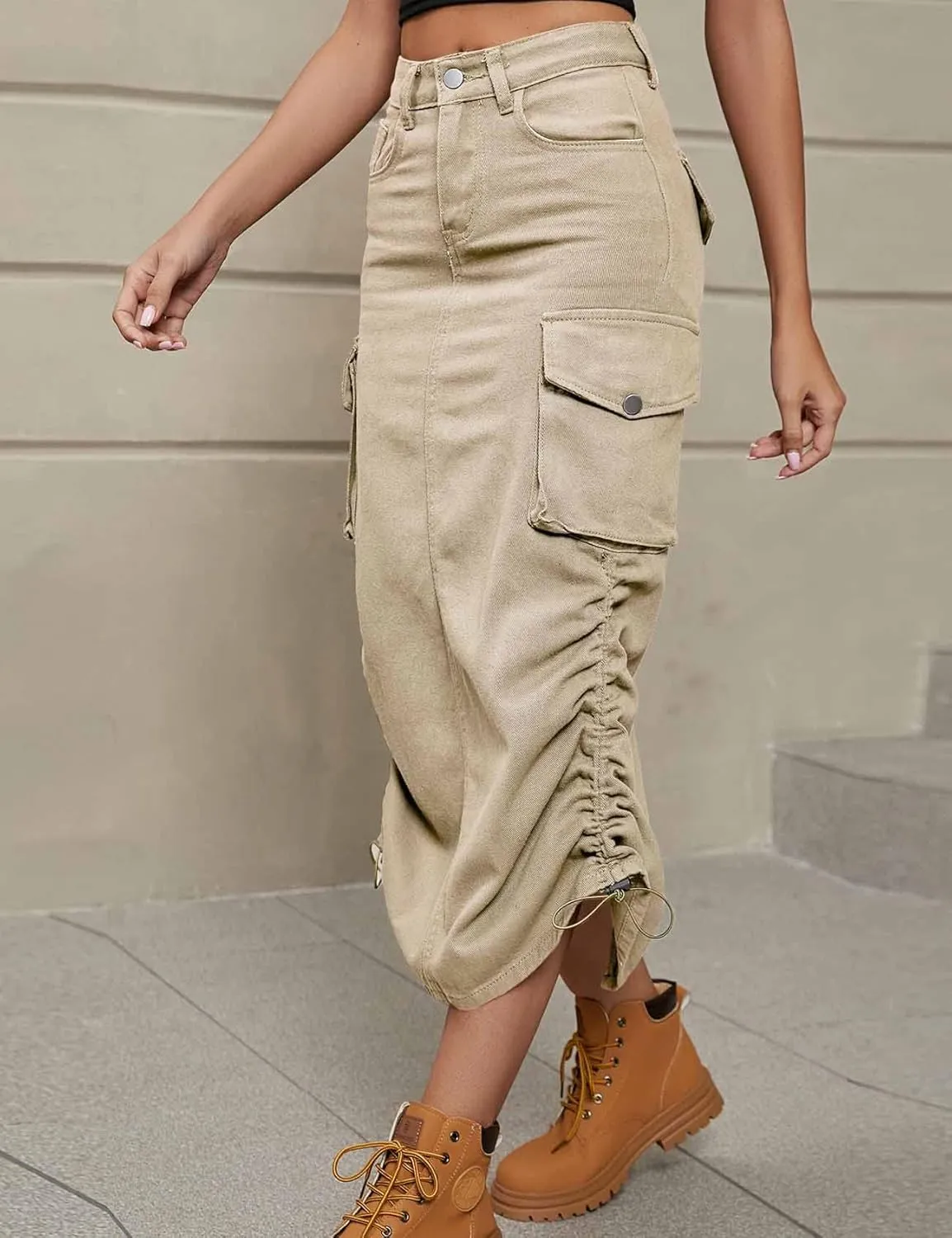 Perbai Women's Y2K Cargo Skirt High Waisted Side Drawstring Ruched Midi Denim Skirt with Pockets