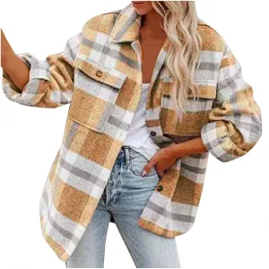 Plaid Jackets for Women Lapel Button Down Shacket Wool Blend Coat with Pockets Long Sleeve Vintage Outerwear