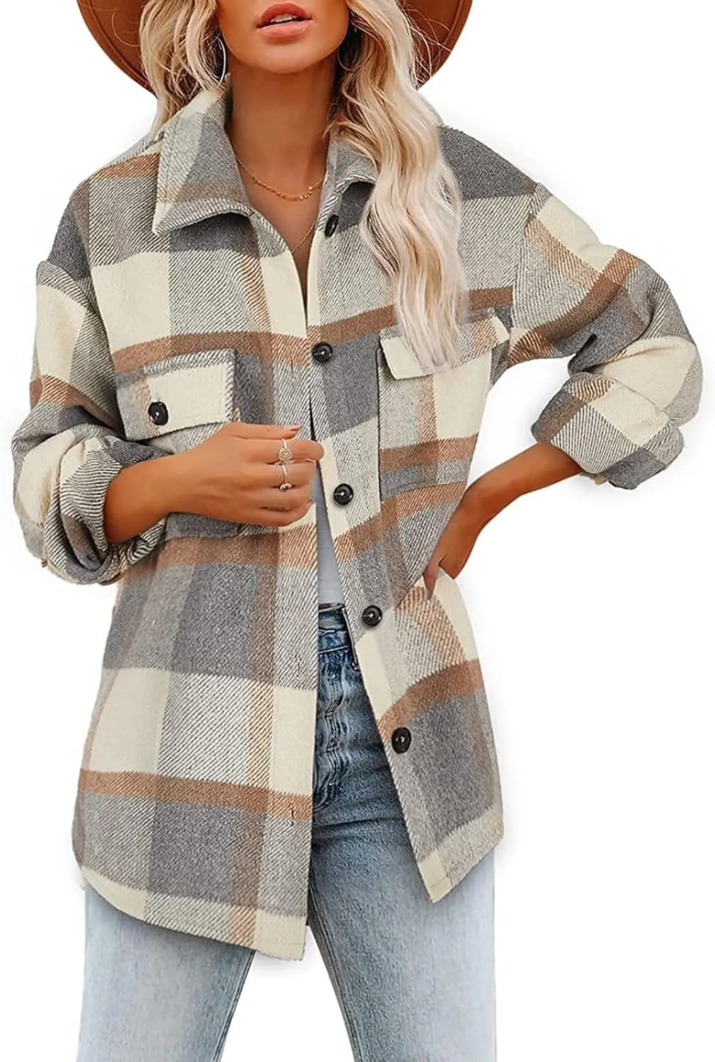 Plaid Jackets for Women Lapel Button Down Shacket Wool Blend Coat with Pockets Long Sleeve Vintage Outerwear