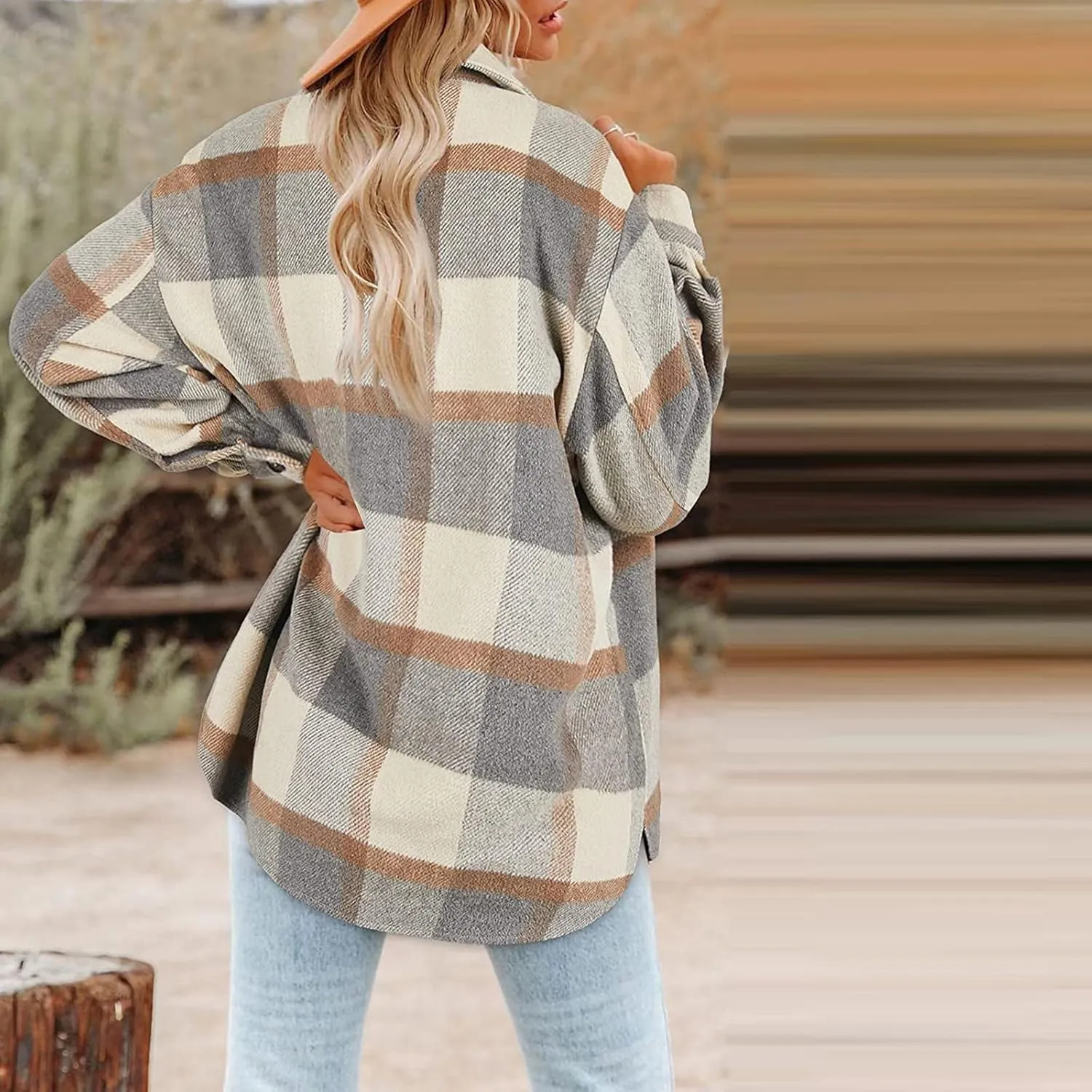 Plaid Jackets for Women Lapel Button Down Shacket Wool Blend Coat with Pockets Long Sleeve Vintage Outerwear