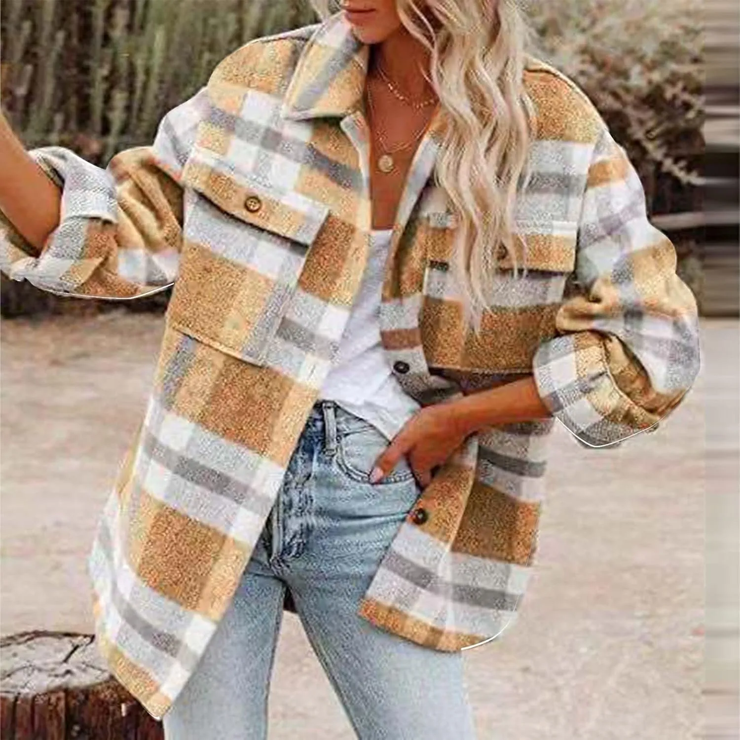 Plaid Jackets for Women Lapel Button Down Shacket Wool Blend Coat with Pockets Long Sleeve Vintage Outerwear