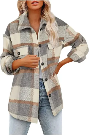 Plaid Jackets for Women Lapel Button Down Shacket Wool Blend Coat with Pockets Long Sleeve Vintage Outerwear