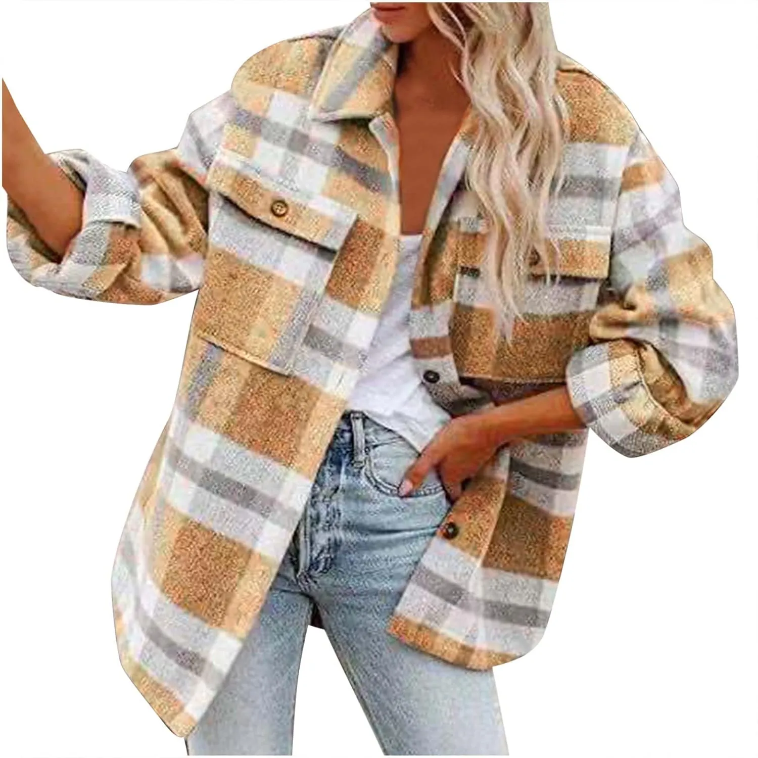 Plaid Jackets for Women Lapel Button Down Shacket Wool Blend Coat with Pockets Long Sleeve Vintage Outerwear