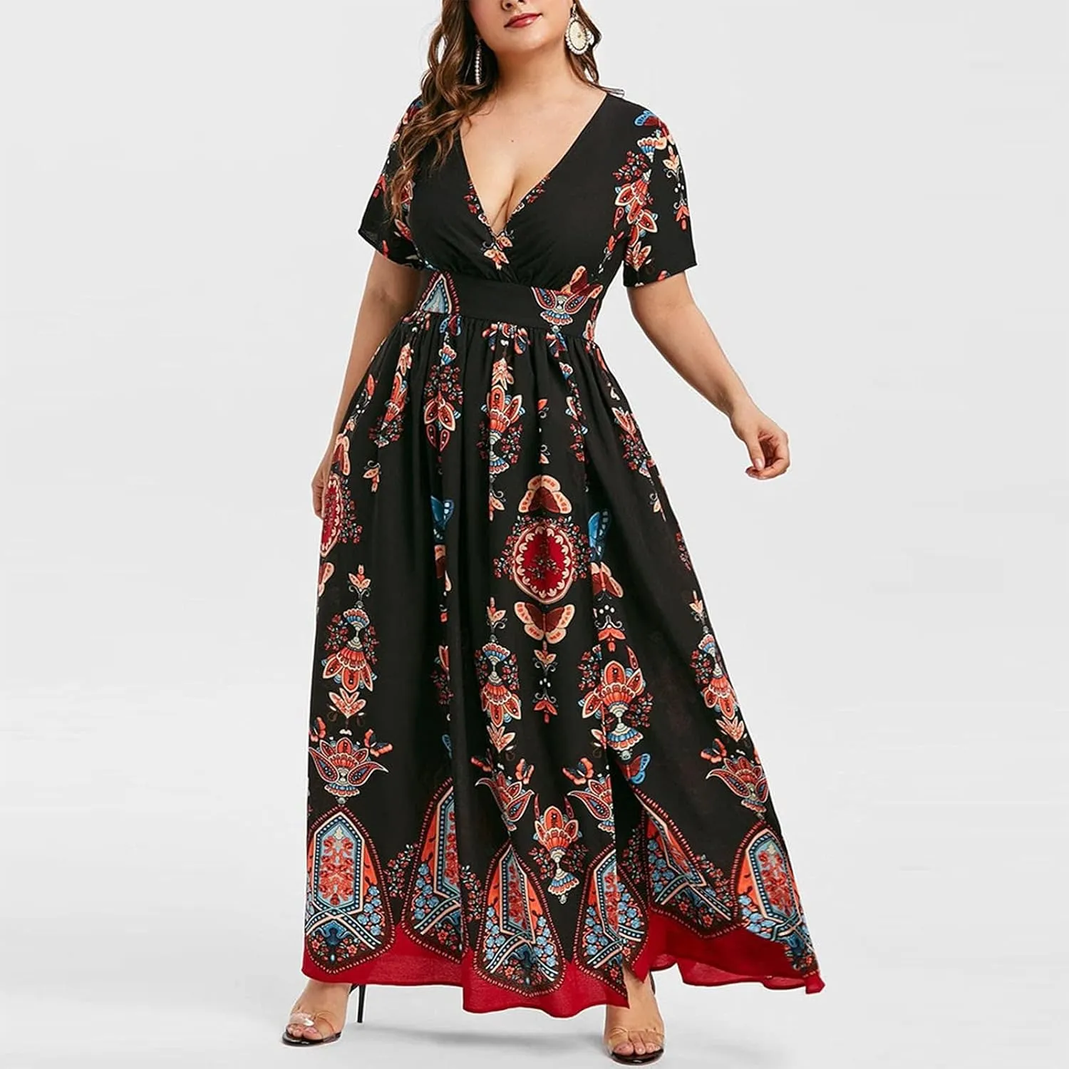 Plus Size Dresses for Women,2023 Summer Elegant Sexy Bodycon Wedding Guest Dress,Trendy Floral Boho Maxi Dress