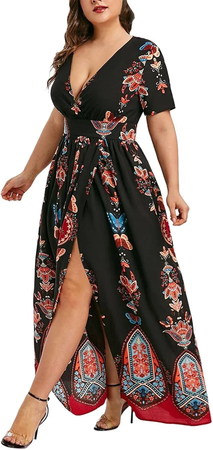 Plus Size Dresses for Women,2023 Summer Elegant Sexy Bodycon Wedding Guest Dress,Trendy Floral Boho Maxi Dress