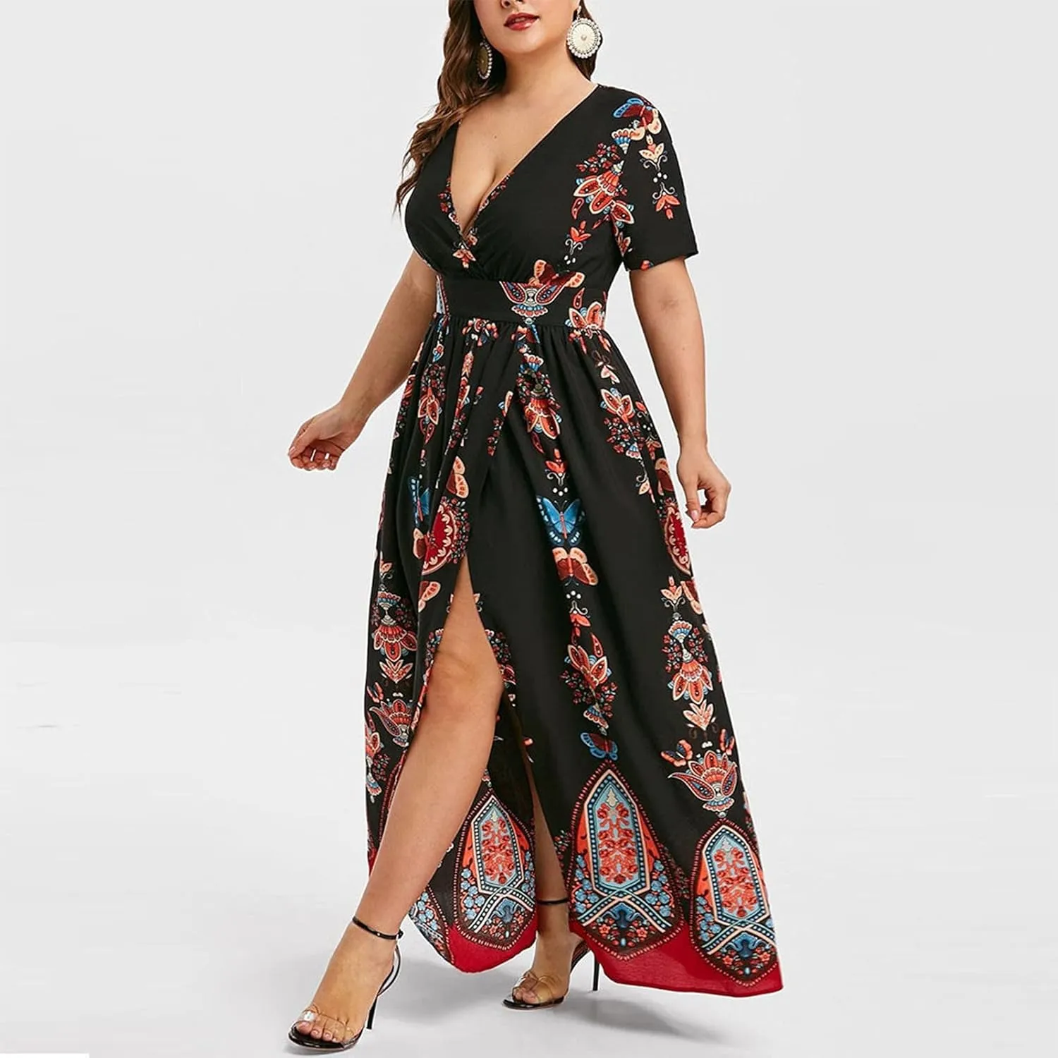 Plus Size Dresses for Women,2023 Summer Elegant Sexy Bodycon Wedding Guest Dress,Trendy Floral Boho Maxi Dress