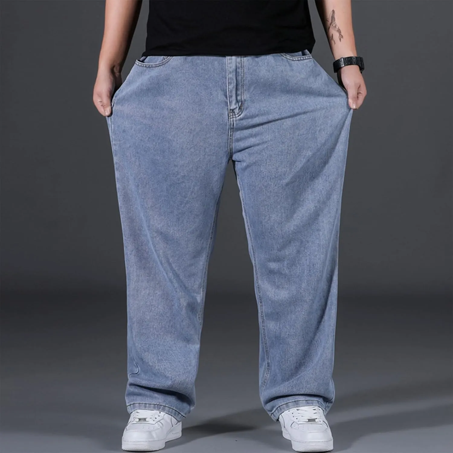 Plus Size Men's Baggy Jeans Relaxed Fit Straight Loose Jean Sweatpants Teen Boys Elastic Waist Pull On Denim Pants