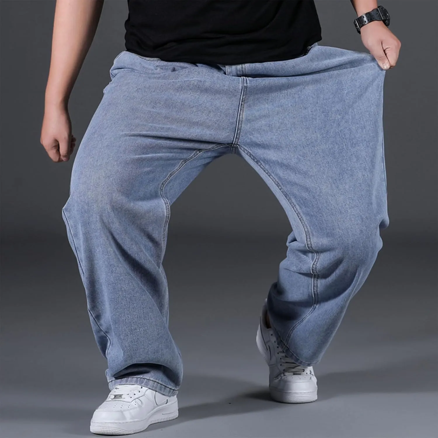 Plus Size Men's Baggy Jeans Relaxed Fit Straight Loose Jean Sweatpants Teen Boys Elastic Waist Pull On Denim Pants